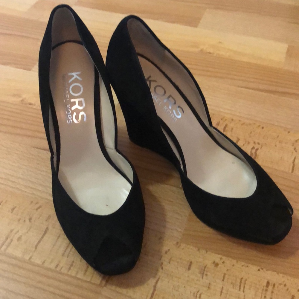 KORS black suede d’Orsay peep toe wedge